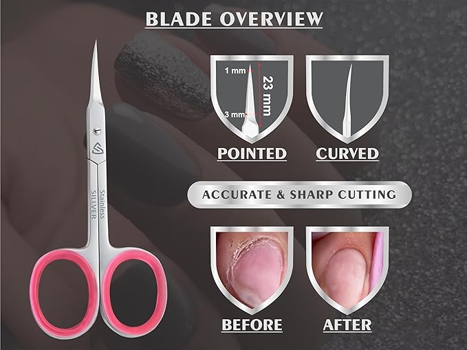 SILLVER Cuticle Scissors Extra Fine Curved, Super Slim Small Scissors with Precise Pointed Tip, Beard, Eyelash, Mustache, Dry Skin - Manicure Scissors