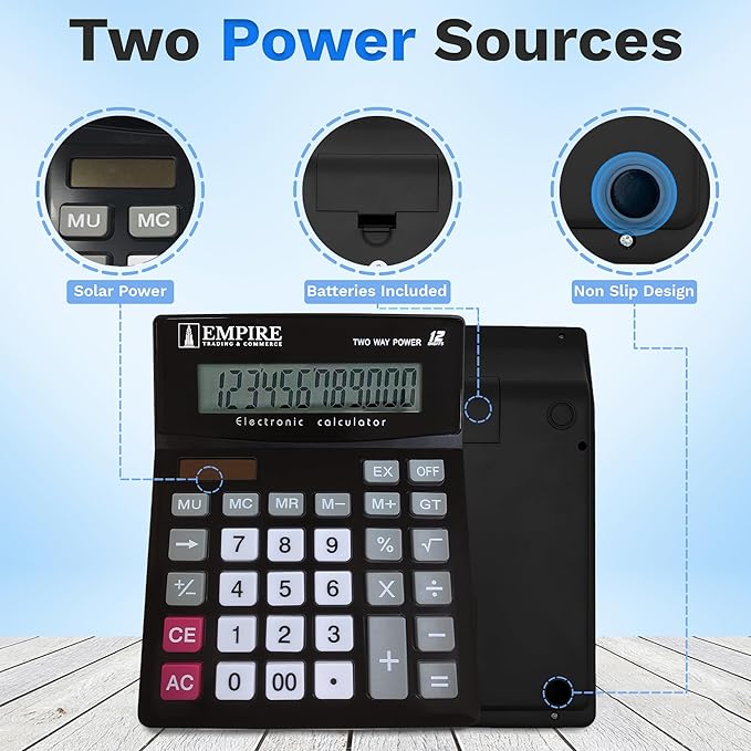 Empire Desk Calculator with Large Key Buttons, 12-Digit Large Eye-Angled Display, Solar & Battery Powered - Basic Calculator for Students, Home and Office Use (Battery Included)