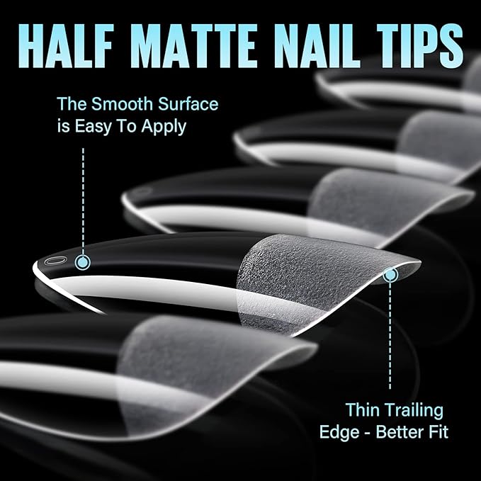 TOMICCA Medium Almond Nail Tips, 192Pcs 12 Sizes Acrylic Pre Buffed Medium Almond False Gel Tips, Full Cover Half Matte Nails for Nail Art Extension Press on Nails