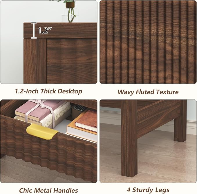 32 Inch Small Fluted Computer Desk with 2 Drawers & Stool for Bedroom | Small Wooden Computer Desk with Storage, Compact Writing Study Vanity Desk with Stool for Small Spaces, Walnut