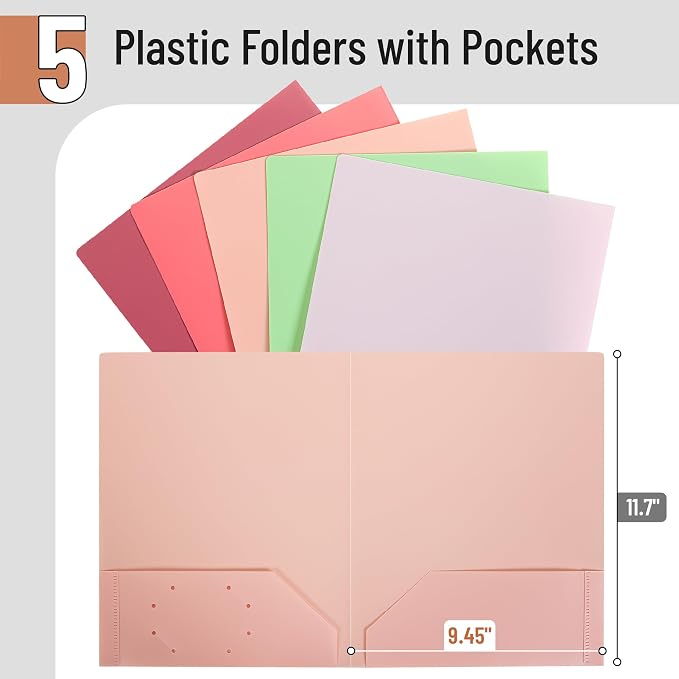 Mr. Pen- Plastic Folders with Pockets, 5 pcs | Aesthetic File Folder with Business Card Slot, 2-Pocket Folder, Back to School, Office, Filing Supplies