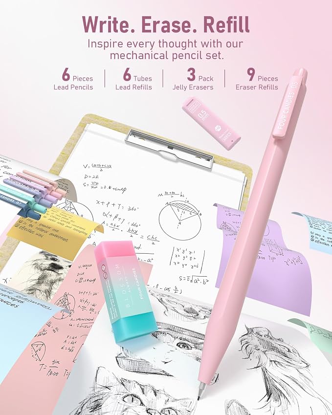 Four Candies School Supplies with Cute Pencil Case, 39ct, Pink | Back to School Stationery Set, Essentials for College & Nursing Students, 5 Gel Pens, 6 Mechanical Pencils, 12 Highlighters
