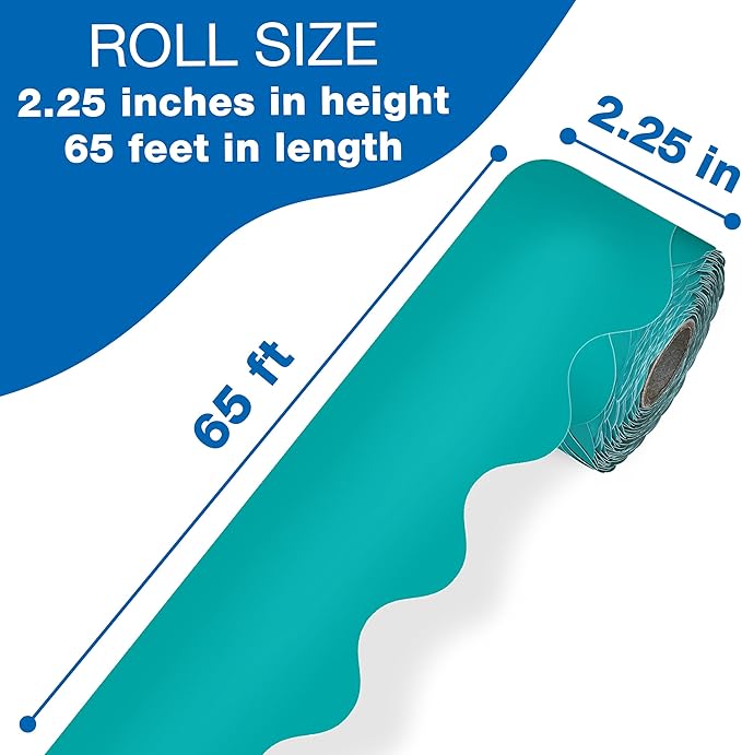 Carson Dellosa Education 65Ft of Teal Bulletin Board Borders, 1 Roll of Scalloped Trim for Rolling Whiteboard, Cork and Posterboard, Party, Office Decorations, and Classroom Decor