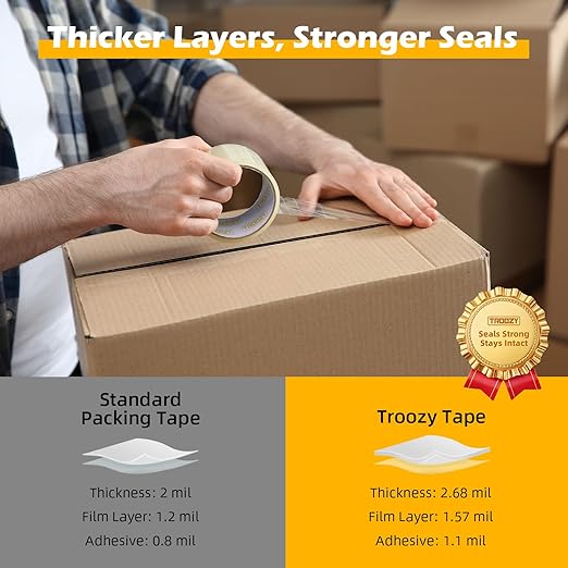 Clear Heavy Duty Packing Tape with Dispenser for Packing Shipping Moving and Warehouses, 2.68 mil Thick, 1.88 in x 66 yd, 6 Pack