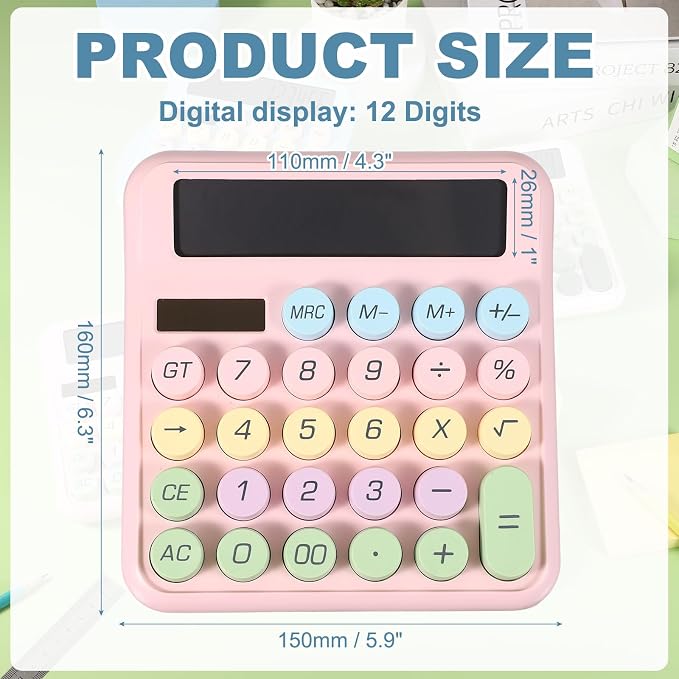 PATIKIL Cute Calculator, Desk Calculator Basic Big Button 12 Digit Large Display Mechanical AAA Battery Solar Power for Office Supplies Girl Female Woman Gift, Colorful Pink