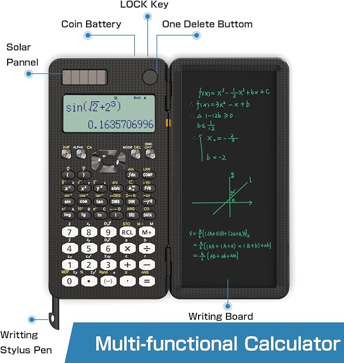 991MS 349 Functions 2-Line Display Scientific Desk Calculator with Notepad | ROATEE Scientific Calculator Back to Middle High School Supplies for Students Solar & Battery Powered, Foldable Easy to Carry