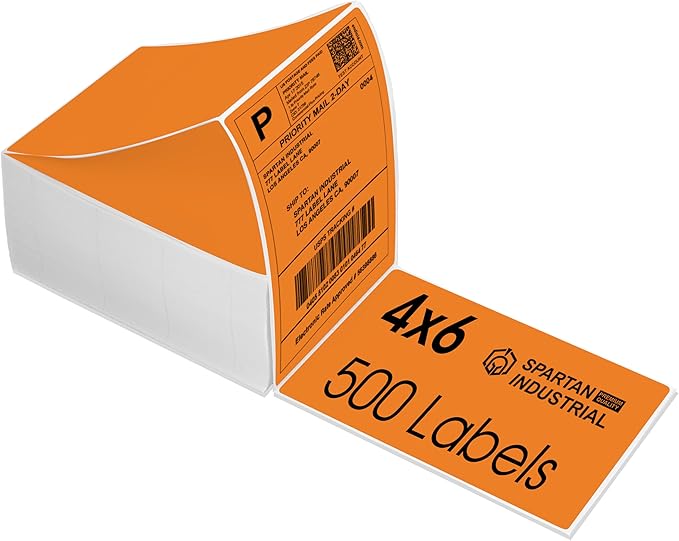 Spartan Industrial - 4" X 6" Orange Direct Thermal Fanfold Labels (500 Count, 1 Stack) - Printable Postage Shipping Labels, Package Identification - Compatible with Zebra and Rollo Printers