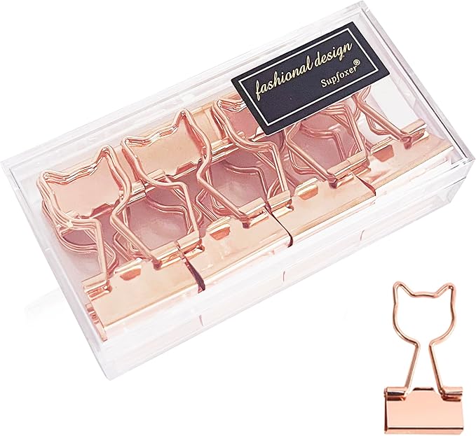 Cat Binder Clips,Rose Gold Cute Metal Binder Clips with Cat Shaped 3/4-Inch Small Office Supplies for Cat Lovers Decor (12Pcs)