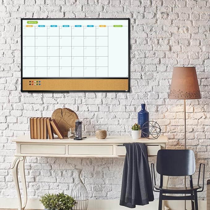 Magnetic Calendar Whiteboard & Bulletin Corkboard Combination, Combo Board 36 x 24 Inch, Black Aluminum Frame Wall Mounted Board for Office Home and School with 10 Push Pins