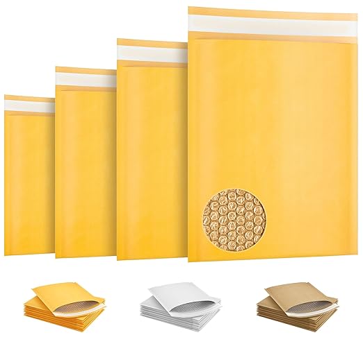Kraft Bubble Mailers 5 x 9 Inch Yellow, Padded Envelopes Self Seal, Pack of 250, Bubble Lined Kraft Paper Mailing Envelopes for Shipping