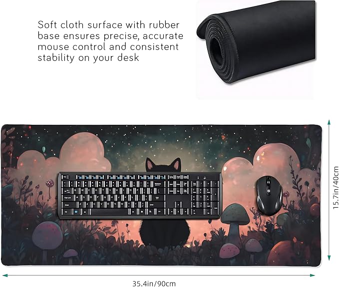 Cute Anime Black Cat Gaming Mouse Pad, Blue Pink Dreamy Desk Mat with Anti-Slip Base & Stitched Edges, Office Supplies & Desk Decor for Women, 35.4" x 15.7" in Home Office Essentials