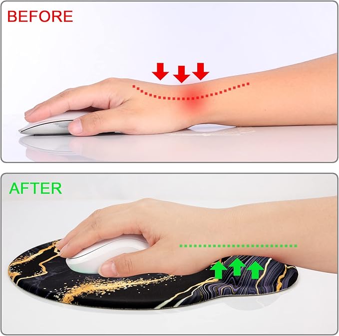 Ergonomic Mouse Pad with Wrist Support Rest,Large Mousepad Gel Wrist Rest, with Coaster Non-Slip & Pain Relief for Computer, Desk, Home&Office-Black Golden Marble 2