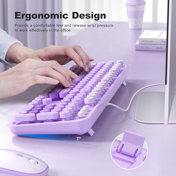 Computer Keyboard Wired, Plug and Play USB Retro Round Typewriter Keyboard, Full Size Wired Keyboard with Foldable Stands for Laptop and Office PC