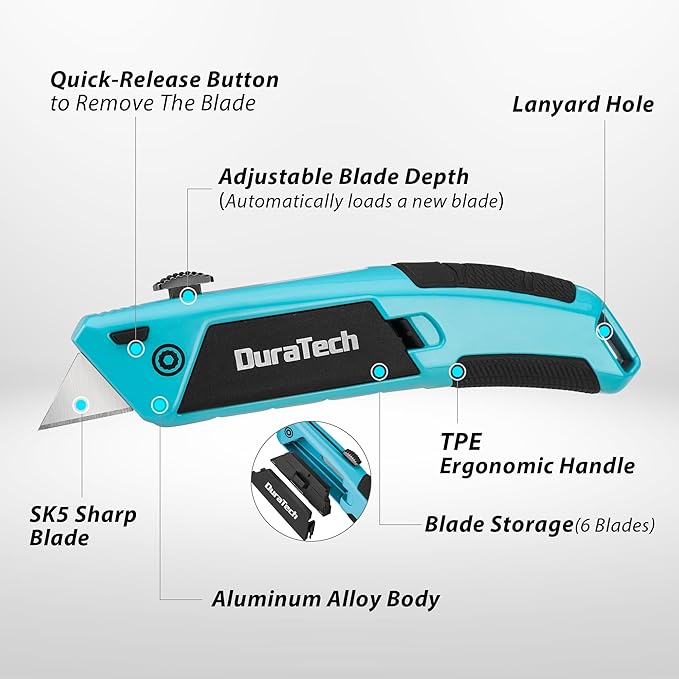 DURATECH Auto-Loading Utility Knife, Heavy Duty Retractable Box Cutter with 6 Preloaded SK5 Blades, Quick-Change Razor Knife with Comfortable Handle for Cardboard, Carpet, Rope, DIY