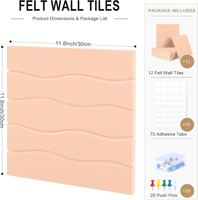 AKONEGE Felt Bulletin Board Tiles 12 Pack, 48" x 36" Cork Board Alternative, DIY Pin Board Wall Tiles for Photo Wall, Vision Board, Room & Home Office Decor, Stick-On with Adhesive Tabs, Peach Beige