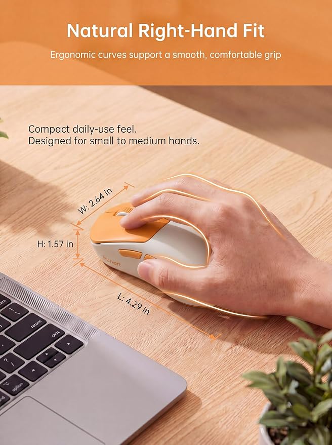 hunart H6 49g Wireless Mouse, Bluetooth & 2.4GHz, Rechargeable, Orange | Silent Clicks, USB-C Charging, Two Ways to Connect, Lightweight Right-Hand Ergonomic Comfort, For Laptop, MacBook, Office PC