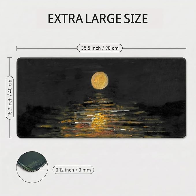 Auhoahsil Moonlight Lake Landscape Desk Mat, Ultra Large Full Desk Gaming Mouse Pad, Calm Night View Art Pattern Extended Keyboard Pad, Nature Aesthetic Desk Pad for Home Office Gaming, 35.4"x 15.7"