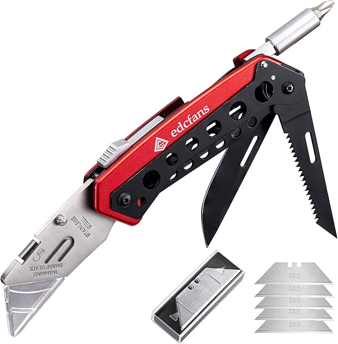 edcfans Folding Utility Knife Box Cutter with 5 Razor Blades, Pocket Utility Knives, Screwdriver, Saw, Lock Design, Clip and Holder for Belt, EDC Heavy Duty Work Knifes, Fathers Day Dad Gifts for Papa