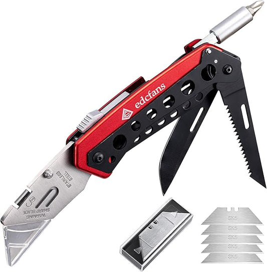 edcfans Folding Utility Knife Box Cutter with 5 Razor Blades, Pocket Utility Knives, Screwdriver, Saw, Lock Design, Clip and Holder for Belt, EDC Heavy Duty Work Knifes, Fathers Day Dad Gifts for Papa