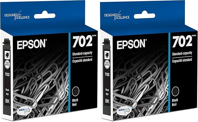 Epson 702 DURABrite Ultra Ink Standard Capacity Black Cartridge (T702120-S) Works with Workforce Pro WF-3720, WF-3730, WF-3733 (Pack of 2)