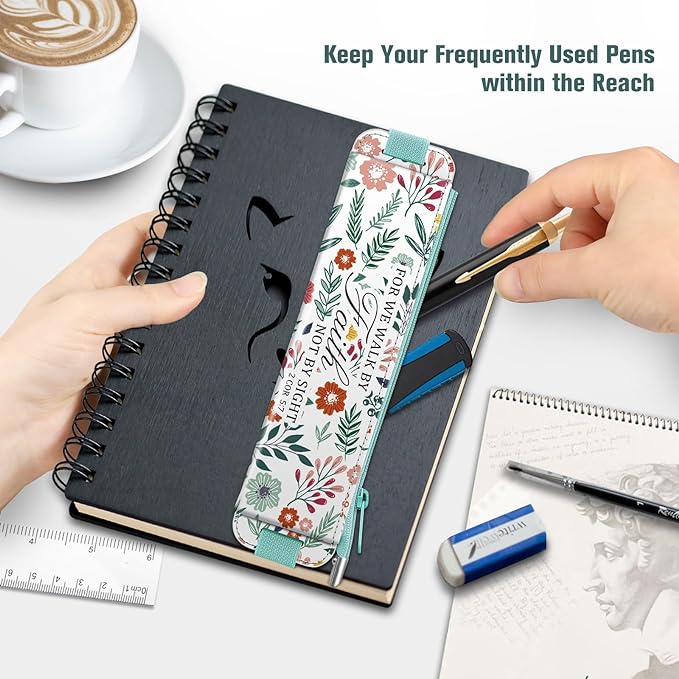 FINPAC 2-Pack Elastic Pen Holder for Notebook Leather Pen Holder | Stationery Zipper Bag for Pencils, Pen Pouch with Elastic Band for Bible Journaling, Planners, Tablets, Spring Bloom