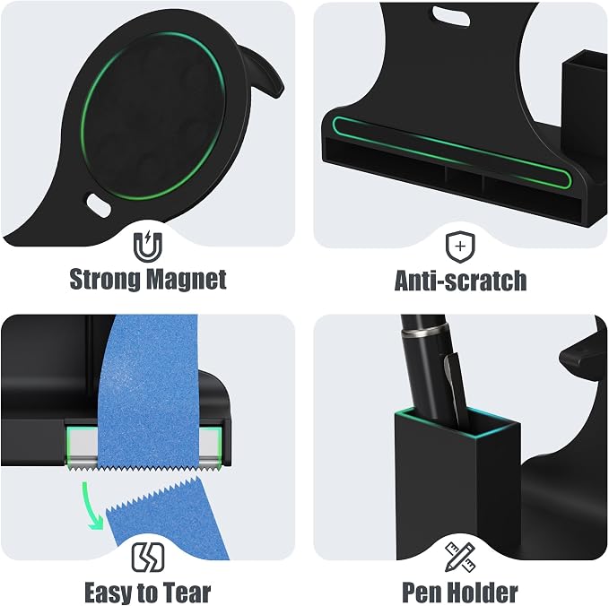 ForTidy Magnetic Masking Tape Holder, Painter's Tape Dispenser, Black | Removable Label System, Cutter Pen Holder, For Home Kitchen, Office, Fridge, Garbage, School (Tape and Pen Not Included)
