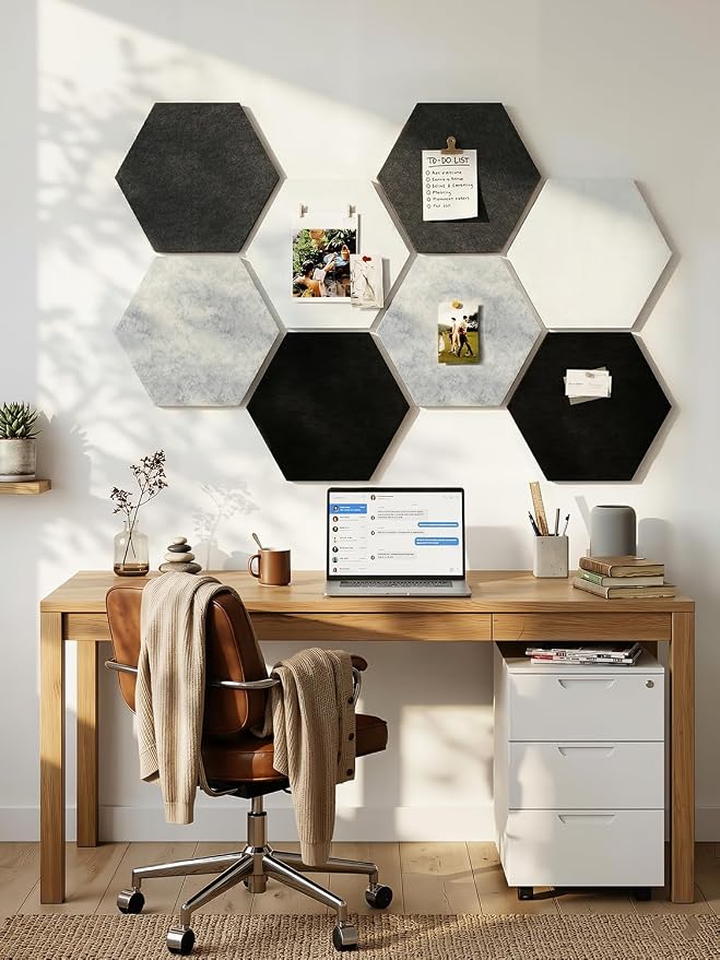 8 Pack Hexagon Felt Bulletin Board Tiles - 11.8" Large Thick Pin Board for Walls with 30 Push Pins, DIY Boards for Office Home School Decor, Aesthetic Hex Cork Board Alternative