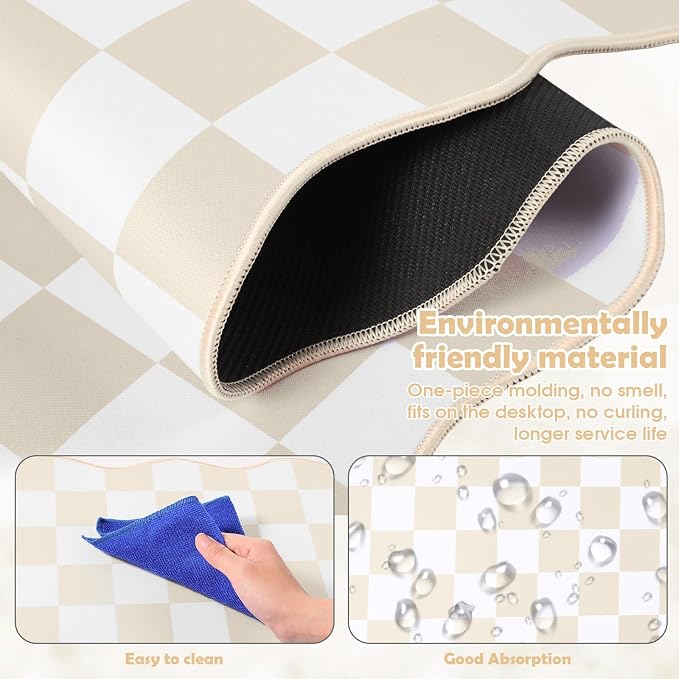 1 Pcs Beige Scalloped Checkered Desk Mat 31.5 x 11.8 Inch Large Cute Mouse Pad Computer Mat Non Slip Waterproof Rubber Base with Border Stitching Soft Keyboard Pad for Home Office Gaming Makeup
