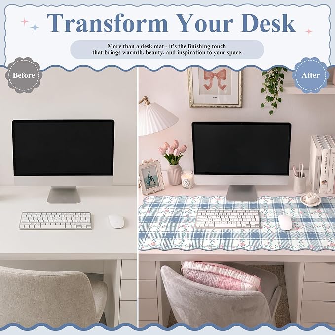 iCasso Light Blue Mousepad 35.4"x15.7", Keyboard Pad for Workspace | Cubicle Floral Desk Pad Featuring Stitched Edges, Kawaii Scalloped Mousepad for School Workspace Computer Setup