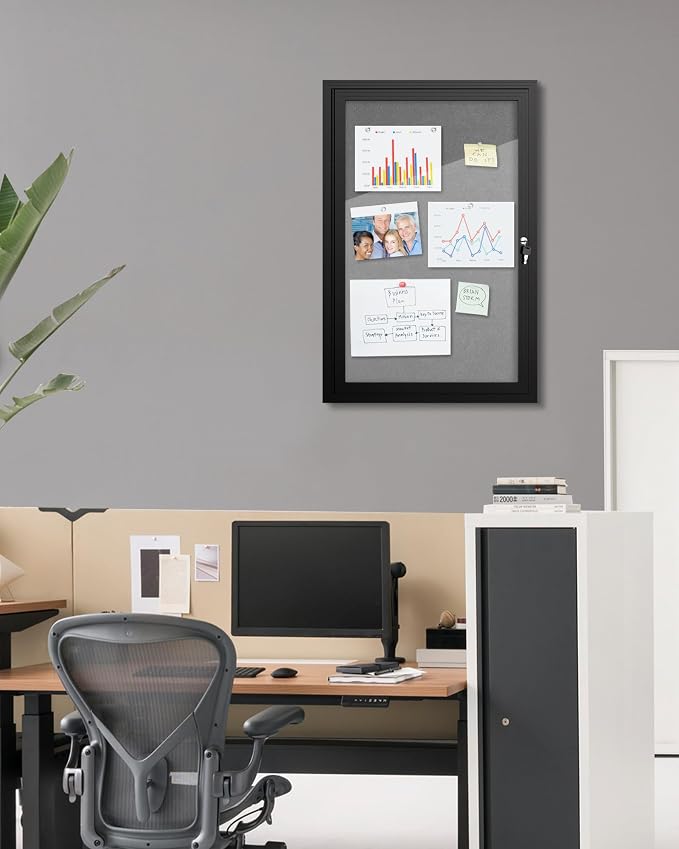 Mifuro 36"x24" Enclosed Bulletin Board, Outdoor Lockable Weather-Resistant Aluminum Cork Noticeboard for School & Office, Black Frame w/Grey Flet