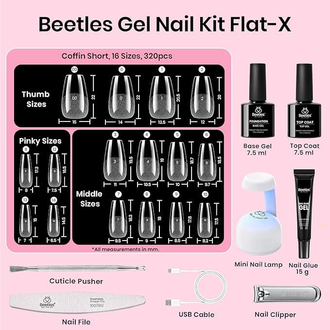 Beetles Gel Nail Kit Flat-X, Coffin Short, 320pcs 16 Sizes Nail tips, with 15g Nail Glue Gel Hands-Free, 7.5ml Base Gel & Top Coat, Mini Lamp, for Acrylic Press On Nail, Extension DIY Set at Home