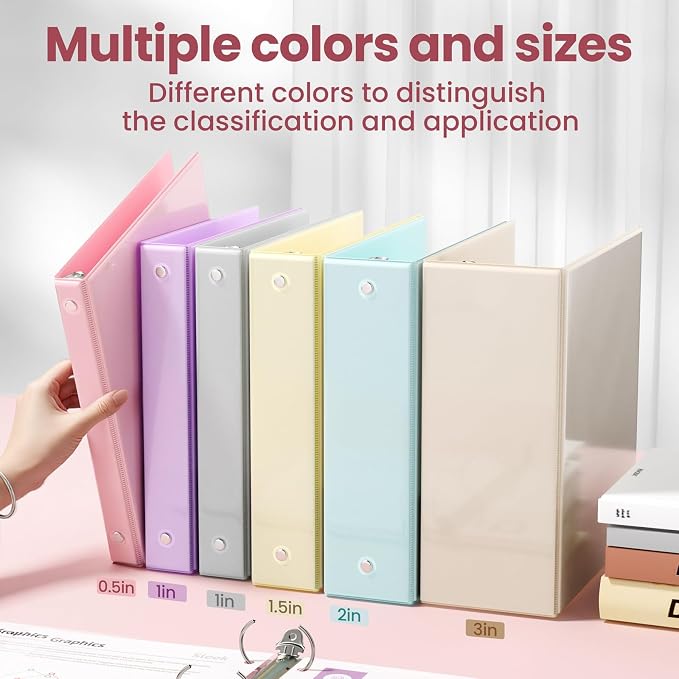 SUNEE 1.5 Inch Binders 3 Ring 6 Pack, Clear View Three Ring 1 1/2 Inch Binders PVC-Free (Fit 8.5x11 Inches) for School or Office Supplies, Pastel 6 Colors