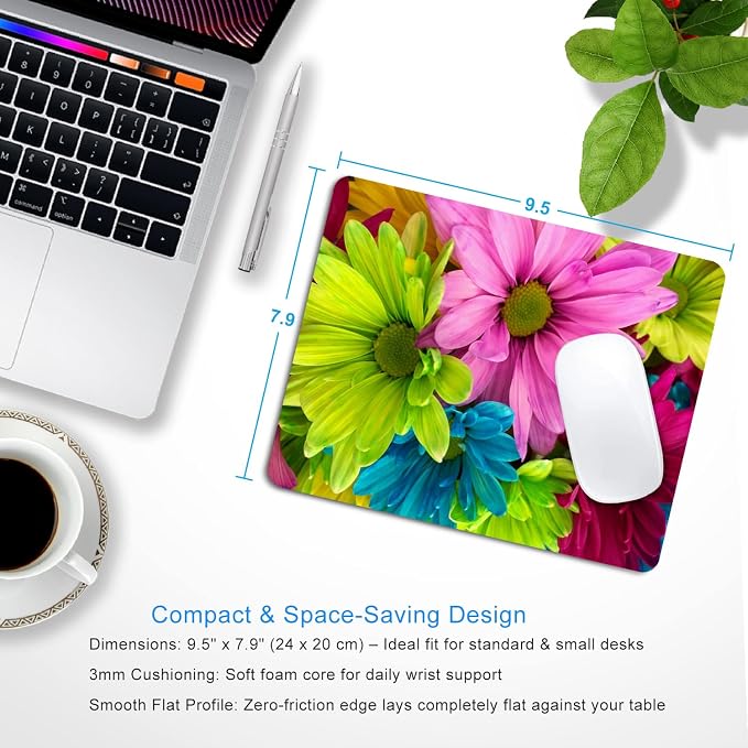 Watercolor Flower Mouse Pad, 9.5"x7.9" Non-Slip Laptop Mousepad | Personalized printed square mousepad with flowers. Clean-cut flush edges & premium smooth cloth for gaming or office.