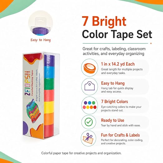 Colored Masking Tape 1 Inch, 7 Rolls, Colorful Tape for Crafts. | 7 colored tape rolls, 14.2 yd each, writable and removable, easy to tear by hand, in a clear hanging case.