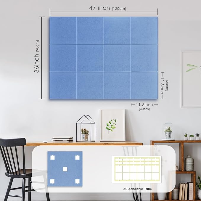 48" x 36" Large Felt Bulletin Board 1/2" Thick, Sky Blue | 12 Pack Felt Tiles, Cork Board Alternative, 60 Adhesive Tabs, Pin Board for Home Office Decor with Easy Install