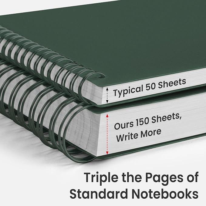 EMSHOI Lined Spiral Journal Notebook, 300 Pages, B5 Size (7.4'' x 10.1'') | College Ruled, 100 GSM Thick Paper, Flexible Plastic Cover, for School, Writing, Work, Office & Journaling (Deep Green)