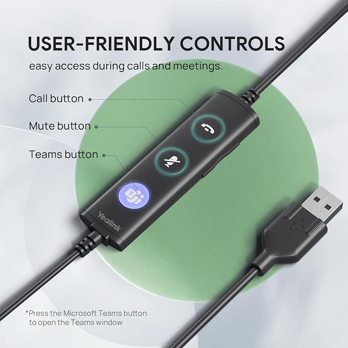 Yealink UH34 Wired Headset,USB-A,Noise Canceling Mic,in-Line Control,On-Ear (Pack of 2)