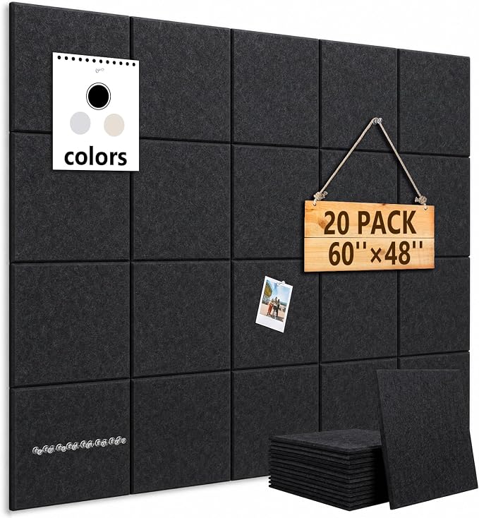 20 Pack Large Cork Board for Walls 60" x 48"(Black) | Felt Bulletin Board with Push Pins & Adhesive Tabs, Felt Wall Tiles Pin Board for Walls Home Office School Decor