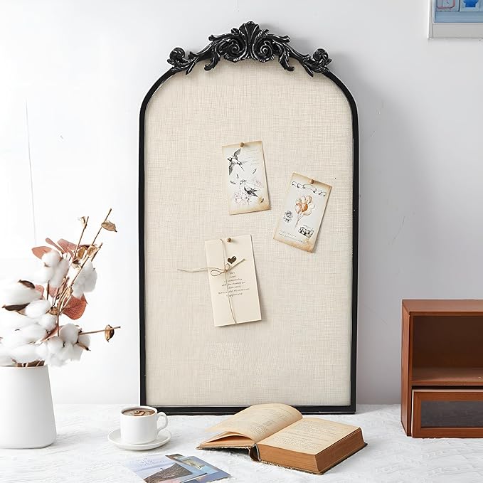 Vintage Framed Pin Board Linen Display Bulletin Board Large Ornate Fabric Picture Photo Pinboard Memo Decorative Prayer Pinboard Ornate for Wall Gift(Arch,13" X 25",Retro Black)