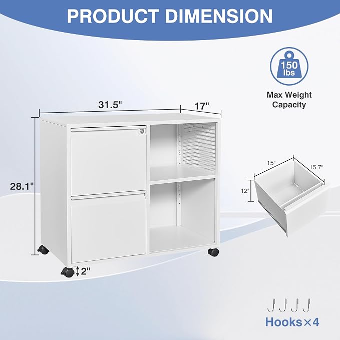 Metal 2 Drawer File Cabinet with Side Hook, Lockable Lateral Filing Cabinet for Letter/A4/Legal Size Files,Rolling Printer Stand with Adjustable Shelf & Lockable Wheelss for Home Office(White)