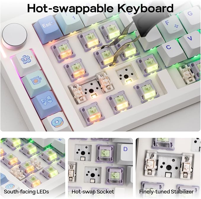 EPOMAKER Split70 Wireless Ergonomic Keyboard with QMK/VIA and Knob, Mechanical Gaming Keyboard with RGB, Hot-Swap, Creamy Linear Switch, PBT Keycap, Mac Modifier, Gasket, 70% Split Layout (White)