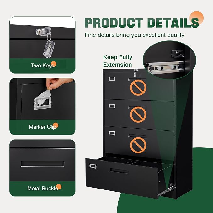 File Cabinets,4 Drawer Metal Lateral Filing Organization Storage Cabinets with Lock,Home Office for Hanging Files Letter/Legal/F4/A4 Size (Require Assembly)