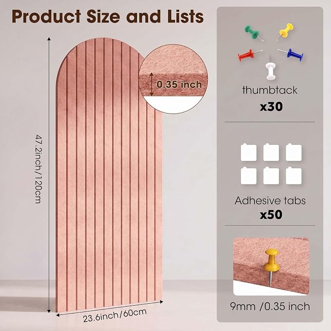 Arched Felt Bulletin Board 47" x 24", High-Density Cork Board Alternative for Office & Wall Decor, DIY Corkboards for Wall with 30 Push Pins & 50 Adhesive Tabs, Picture-Board for Home (Pink)