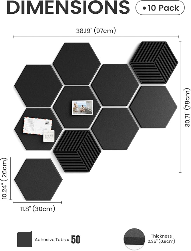 Fluxynara 10-Pack Hexagon Felt Bulletin Board Tiles, Black | Cork Board Alternative for Wall Decor and Vision Boards, with 50 Adhesive Tabs for Home, Office, Classroom or Dorm.