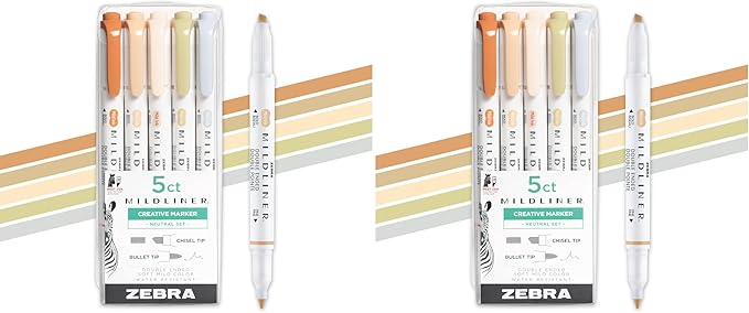 Zebra Pen Mildliner Double-Ended Highlighter Set, Broad and Fine Point Tips, No Bleed Bible Assorted Neutral Vintage Ink Colors, Model Number: 78605, 5-Count, Pack of 2