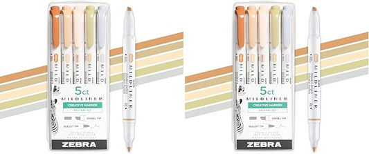Zebra Pen Mildliner Double-Ended Highlighter Set, Broad and Fine Point Tips, No Bleed Bible Assorted Neutral Vintage Ink Colors, Model Number: 78605, 5-Count, Pack of 2