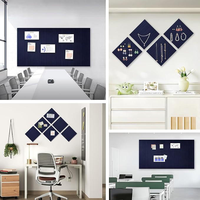 Large Felt Bulletin Board 48" x 24", Dark Blue | 8 Pack Felt Tiles, 40 Adhesive Tabs, Cork Board Alternative for Walls, Push Pin Board for Home Office Decor