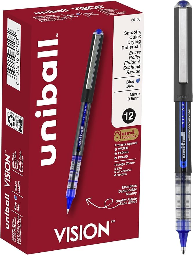 Uniball Vision Rollerball Pen - 12 Count, Blue Pens, 0.5mm Micro Tip Size - Smooth Writing Japanese Pens, School Supplies (Pack of 12)