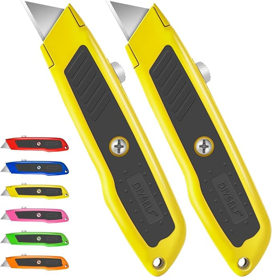 DIYSELF 2 Pack Box Cutters, Razor Knife Utility Cardboard Cutter, Heavy Duty Utility Knife Retractable, Secure Locking, Aluminum Box Cutter Shell, for Home, Office, School, Warehouse (Yellow)