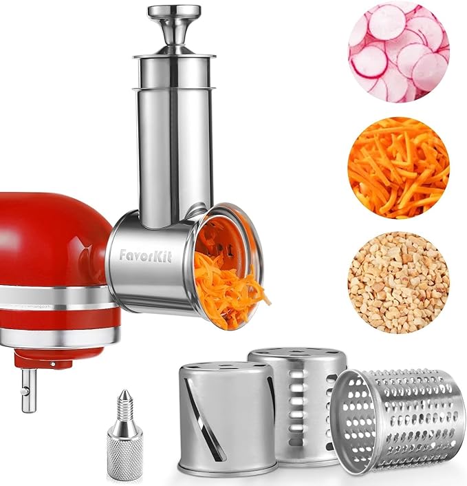 Large Stainless Steel Slicer Shredder Attachment for KitchenAid Mixers, Dishwasher Safe Salad Maker, Cheese Grater Accessories with 3 Blades & 1 Knob Thumb Screw